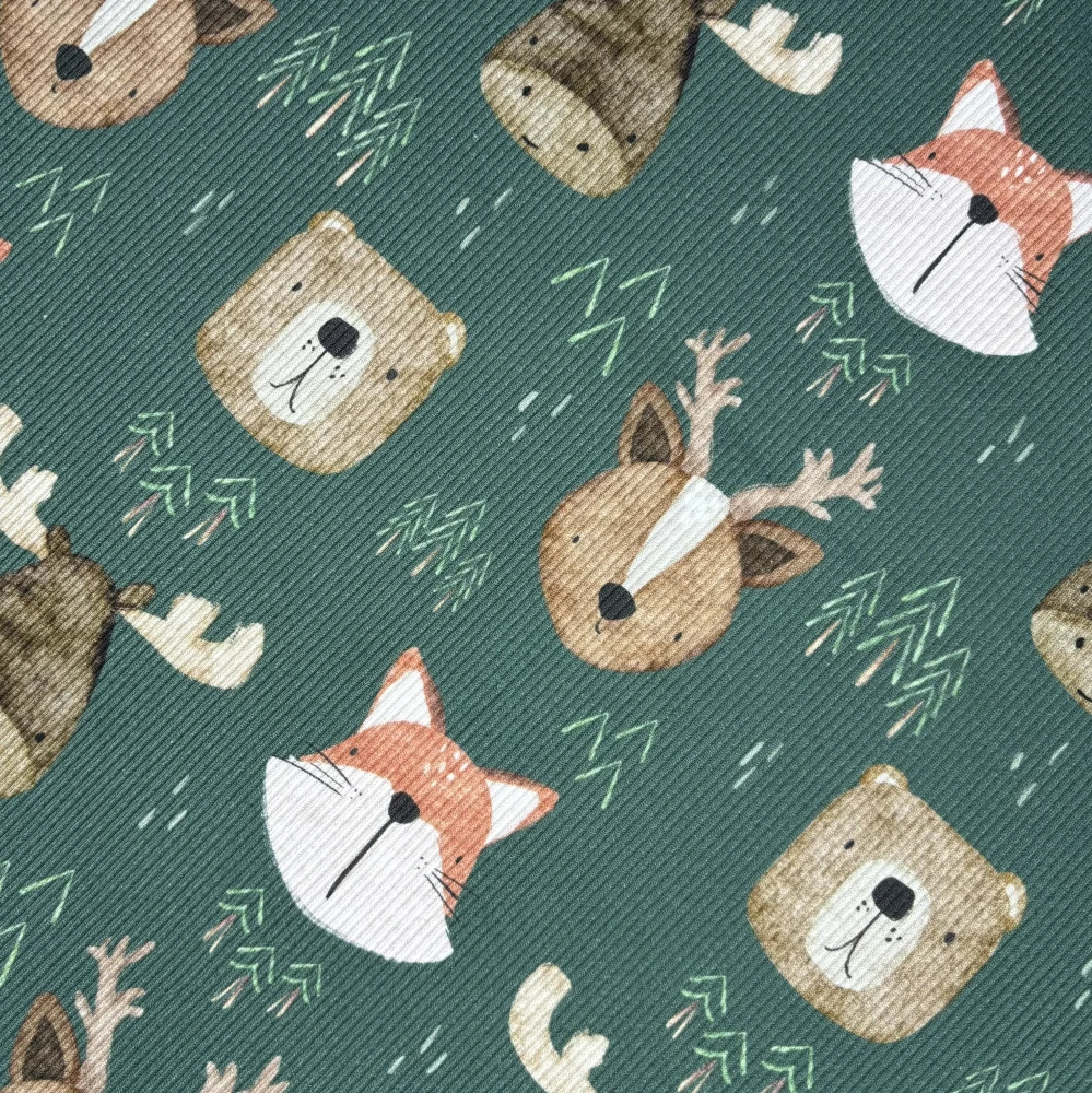 žebrovaný úplet - hlavy lesních zvířat