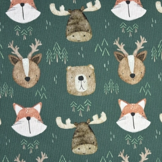 žebrovaný úplet - hlavy lesních zvířat